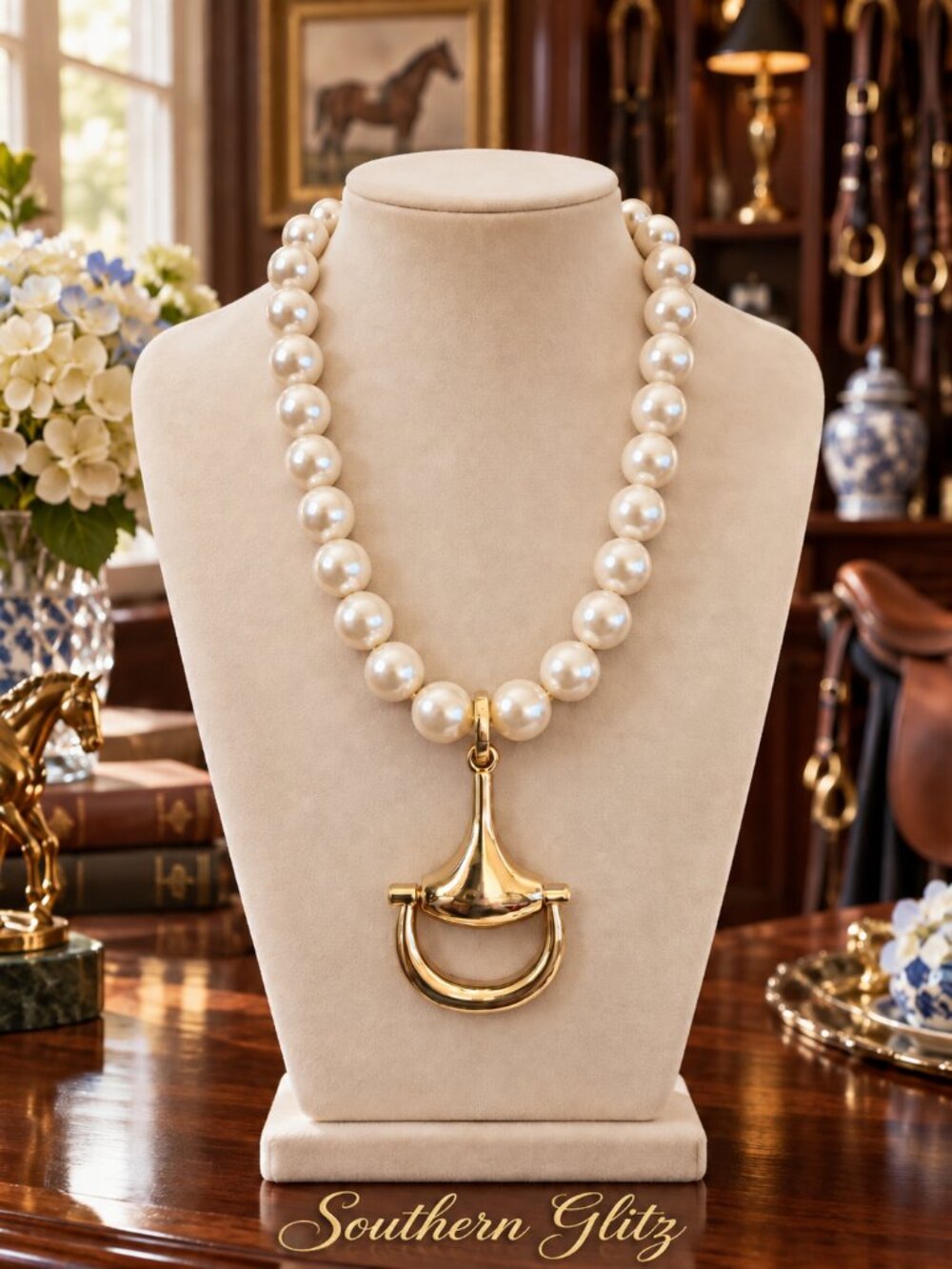 High End Shell Pearl Equestrian Necklace, Gold Horse Bit Pendant Necklace
